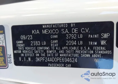 2023 Kia Forte Lxs from USA, damaged, VIN 3KPF24AD0PE694624